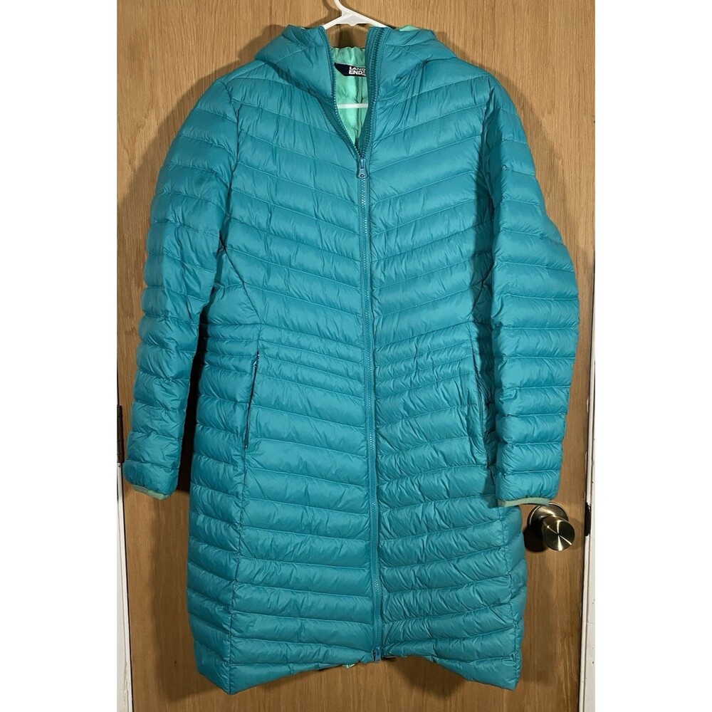 Lands End Down Puffer Jacket Women's M Hooded Long Full Zip Packable Ultralight